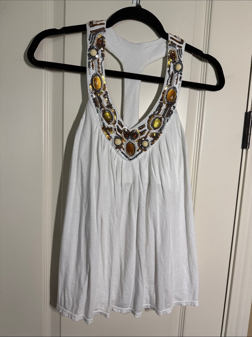 Victoria's Secret White Tank with Gold & Amber Beaded V-Neck